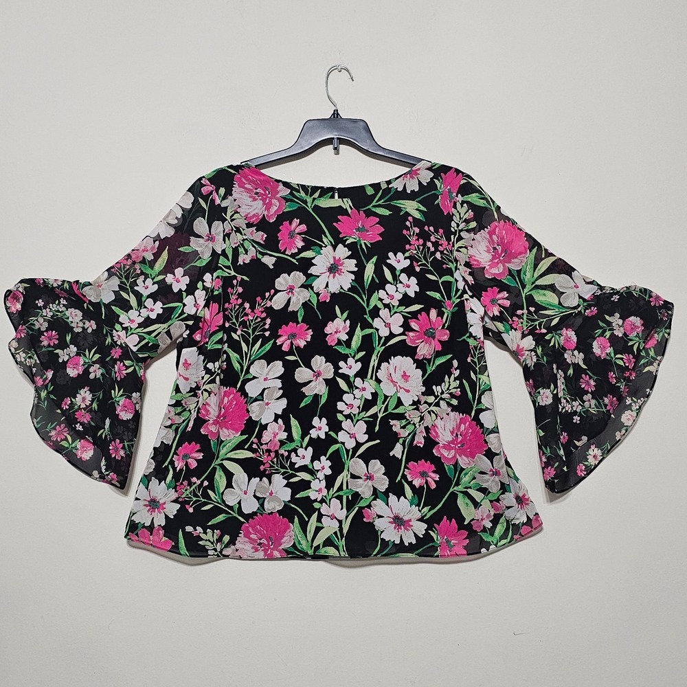 Kasper Woman Top‎ Blouse 2X Black Floral Pink Pullover Crew Flutter Sleeves 0767
